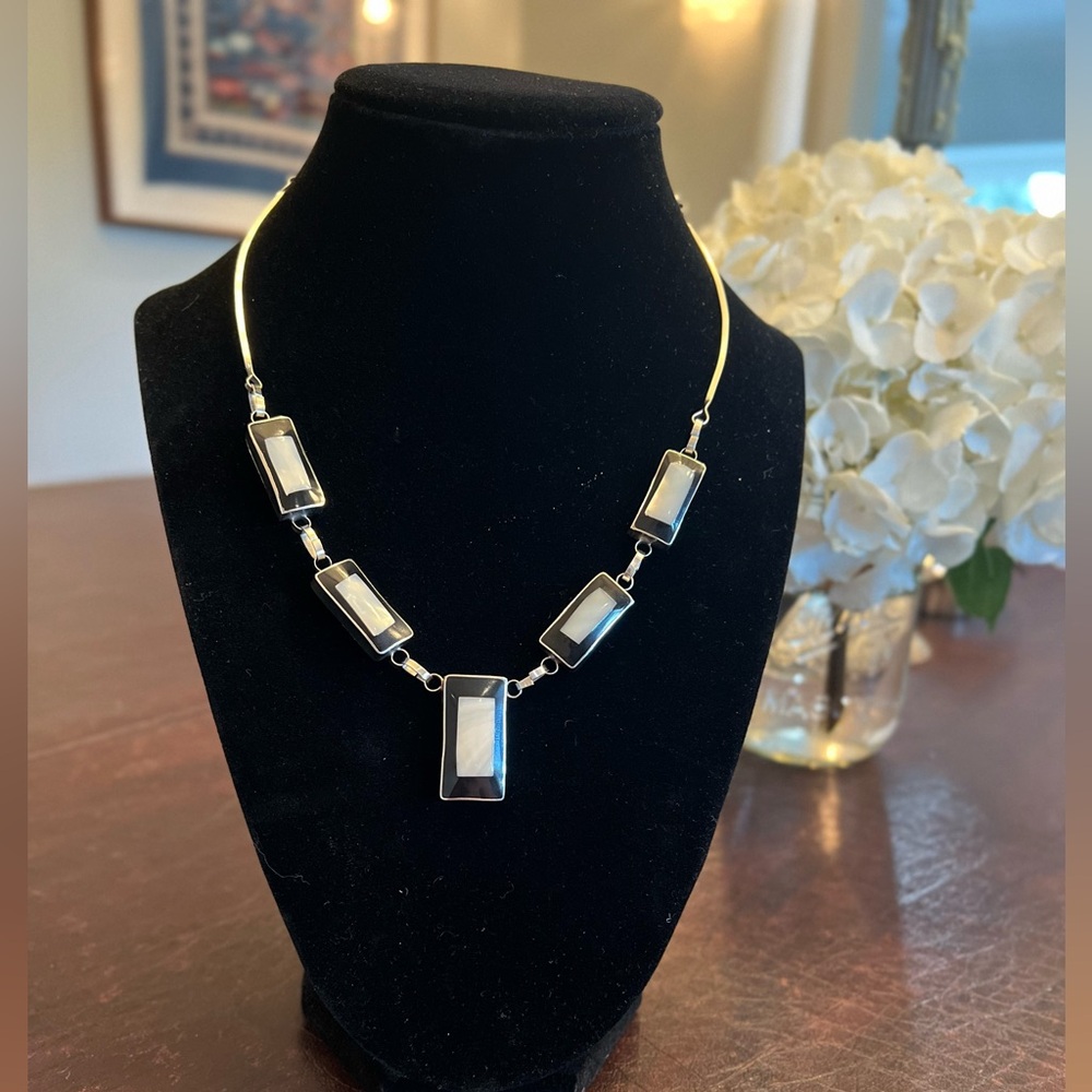 Vintage Elegant Alpaca Mexican Necklace With Inlays Mother Of Pearl